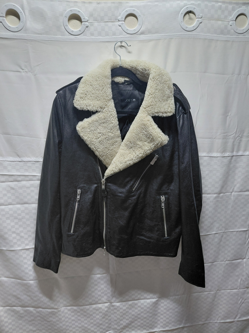 Women  Black Faux Leather  Jacket with Cream Sherpa Collar